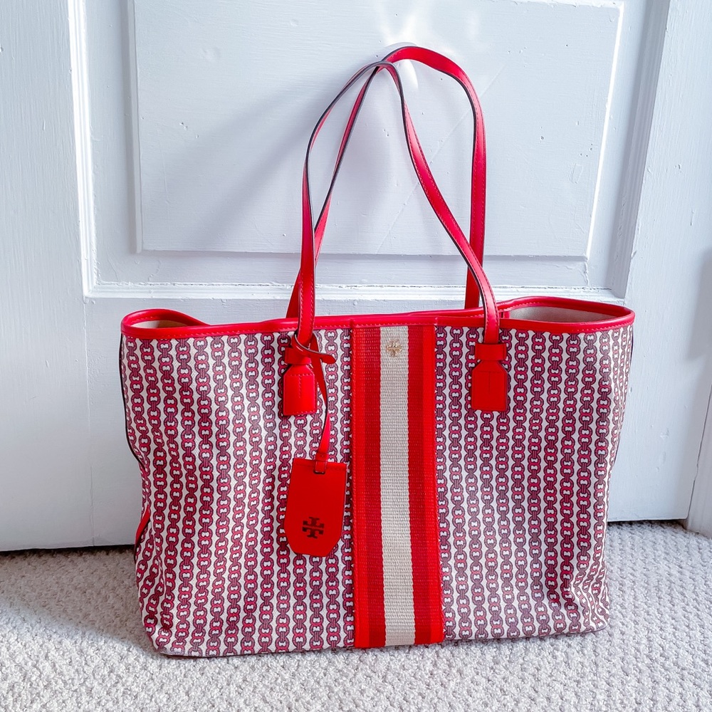 Tory Burch Gemini Canvas Tote Bag Red-EUC
